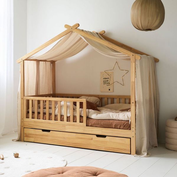 GORDIJN VOOR BEDHUISJE «MAISON» | 90 X 200 CM | MOUSSELINE KATOEN | BEIGE