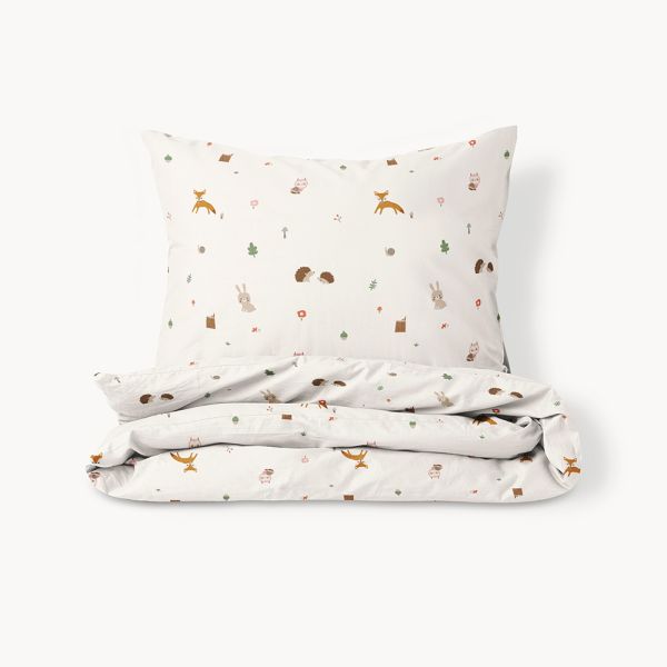 Dekbedovertrek dieren van 140x200 offwhite met bosprint van biologisch katoen van Petite Amélie