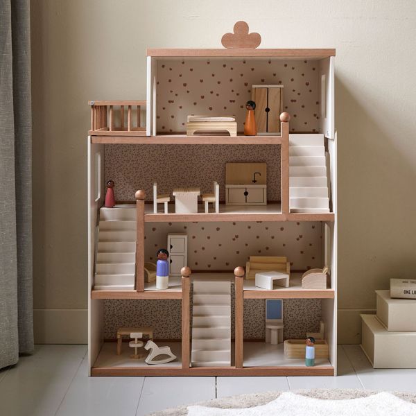 Groot houten poppenhuis «Fleur» | incl. 19-delige meubelset | 87 cm | Beige & Walnoot