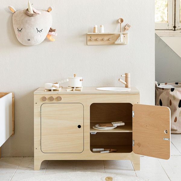 Houten Speelgoedkeuken «La Parisienne» | Incl. muur plank | Naturel