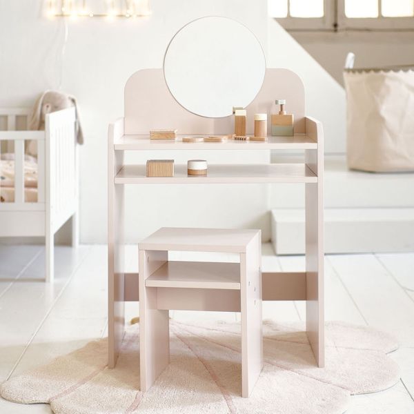 kaptafel kind met spiegel en kruk hout roze Petite Amélie