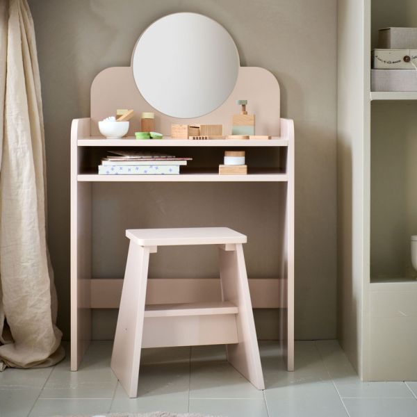Kaptafel kind met spiegel en kruk uit hout in roze van Petite Amélie