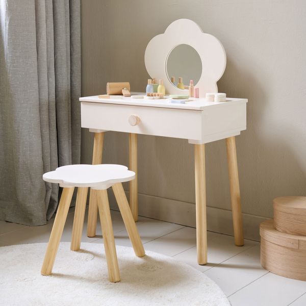 HOUTEN KAPTAFEL MET SPIEGEL EN STOEL «FLEUR» | OFF-WHITE