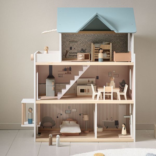 HOUTEN POPPENHUIS «CAMPAGNE» | INCL. 14-DELIGE MEUBELSET | 81 CM | WIT & PASTELBLAUW