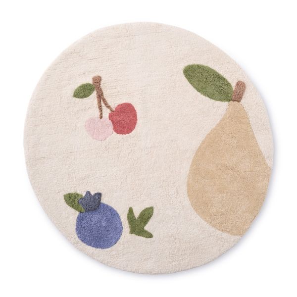 Rond vloerkleed kindvriendelijk en wasbaar met fruitdesign in beige multi van Petite Amélie