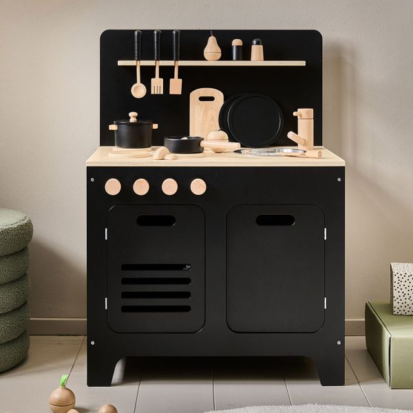 Houten speelkeuken «Mûre» | Met 13-delige keukenset | Zwart