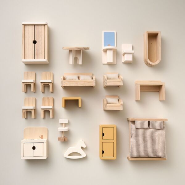 Poppenhuis meubels van hout «Noyer» | 19-delige set