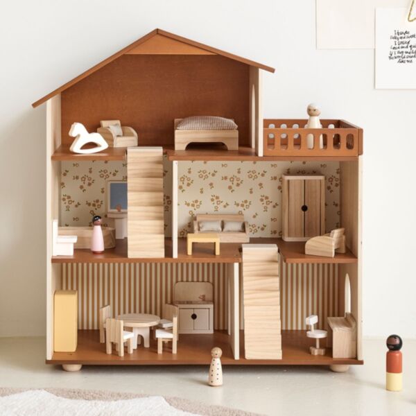 Houten poppenhuis «Noyer» van multiplex | incl. 19-delige meubelset | 66 cm | Walnoot