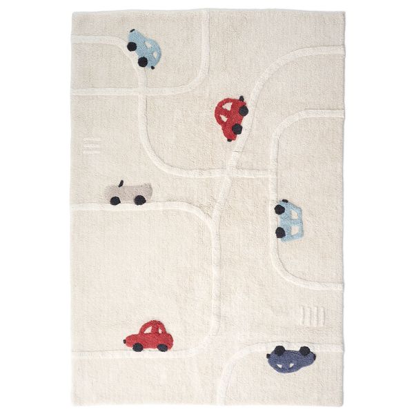 Vloerkleed multicolor met voertuigenprint en wasbare stof van Petite Amélie