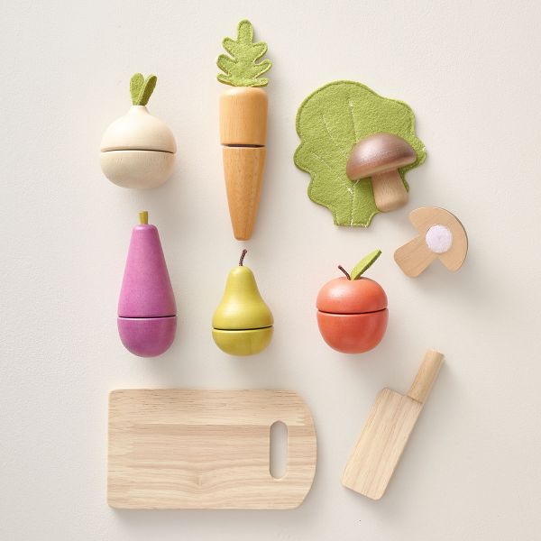 Houten groenten en fruit set | Incl. snijplank en mes | 9-delig