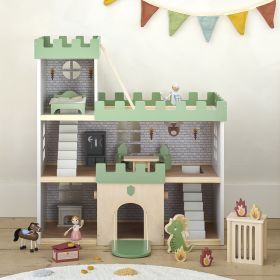 Houten poppenhuis ridderkasteel | Incl. poppen en 17 accessoires | Groen