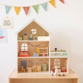 HOUTEN POPPENHUIS «PASTEL» | INCLUSIEF 15-DELIGE MEUBELSET | 60 CM | MEERKLEURIG