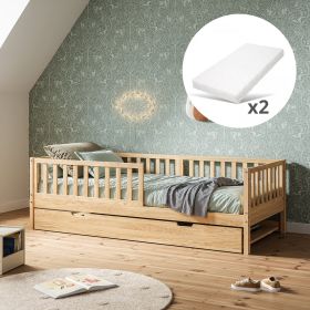 KINDERBED MET ONDERSCHUIFBED «PLUME» | 90 X 200 CM | NATUREL | INCL. 2 MATRASSEN