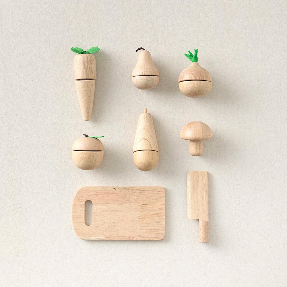 Houten set met groente en fruit (incl. snijplank en mes)