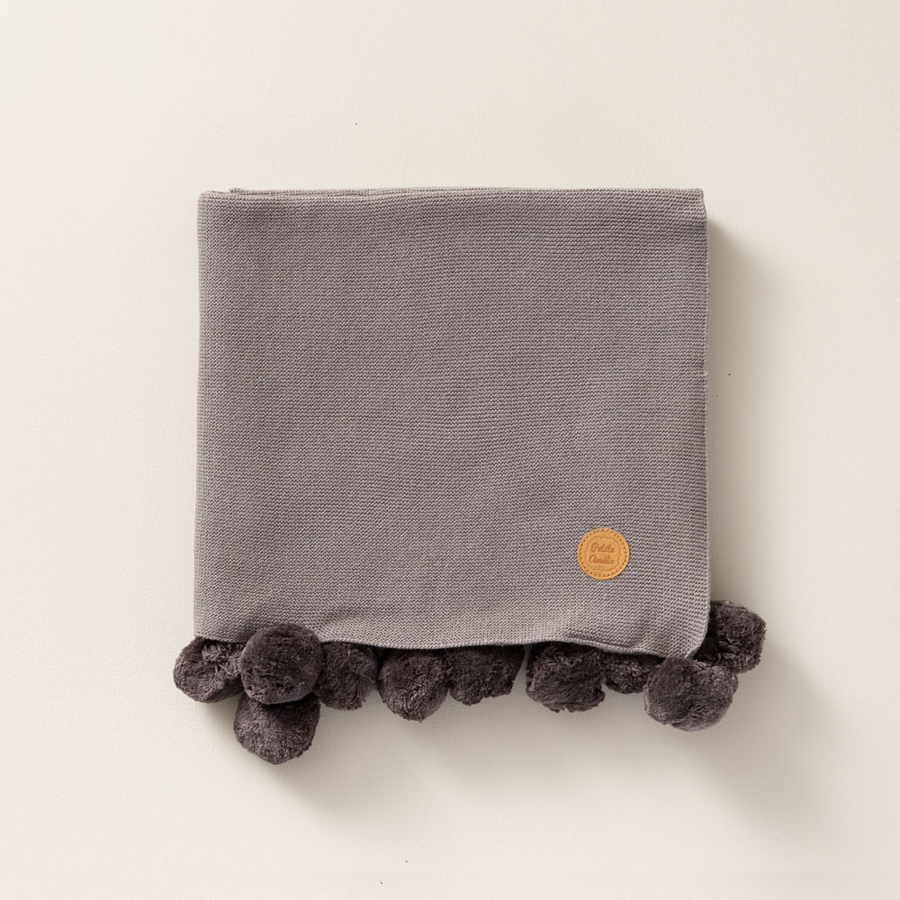 Bio-katoenen babydeken 80x100 cm met pompons | Cadet grey