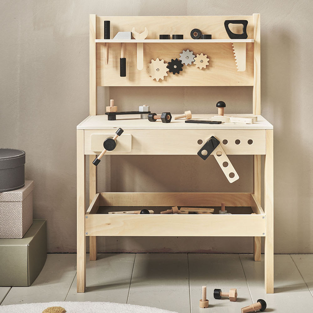 Speelgoed werkbank | Naturel hout & zwart incl. 41 delige gereedschapset